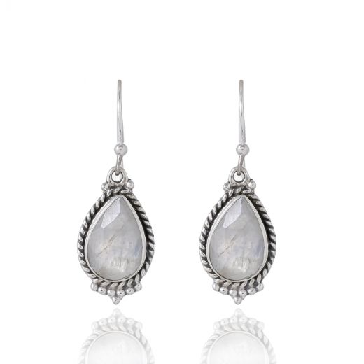 Modern Silver Earrings with Rainbow Moon Stone