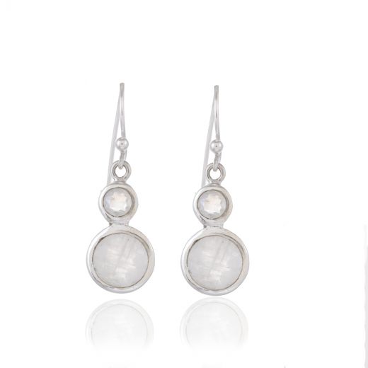 Modern Silver Earrings Ingrained with Rainbow Moon Stone